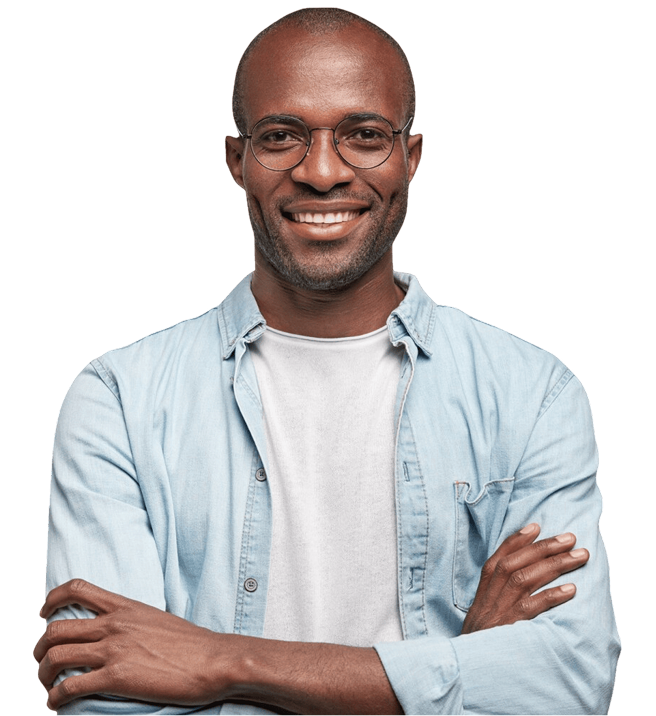 Ridwan, the primary persona: a man in a denim shirt, arms crossed, smiling